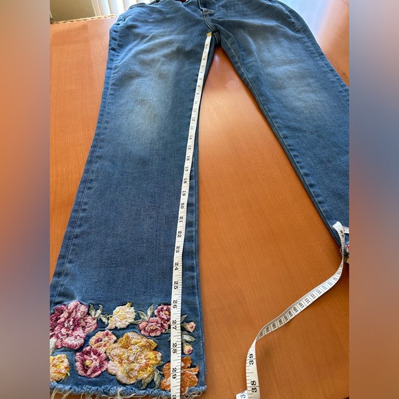 DRIFTWOOD Blue Straight Leg Jeans with Floral Hem - Picture 9 of 10